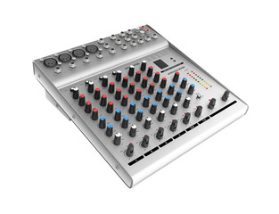 Hand adjusting audio mixer isolated on white background 3d render without shadow