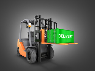 Forklift handling small cargo shipping container isolated on black gradient background 3d render