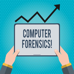 Text sign showing Computer Forensics. Business photo showcasing the investigative analysis techniques on computers Hand Holding Blank Screen Tablet under Black Progressive Arrow Going Upward