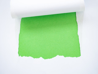 Torn white paper isolated on green
