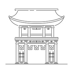 Japan landmark - temple, shrine, castle, pagoda, gate vector illustration simplified travel icon. Chinese, asian landscape traditional house. Line sketch. Realistic element for design, fabric print.