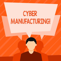 Word writing text Cyber Manufacturing. Business photo showcasing transformative concept that aims the translation of data Faceless Man has Two Shadows Each has Their Own Speech Bubble Overlapping