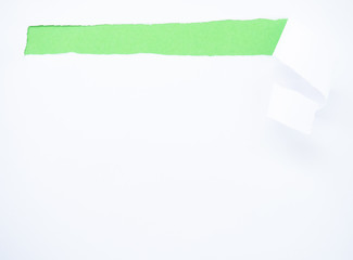 Torn white paper isolated on green