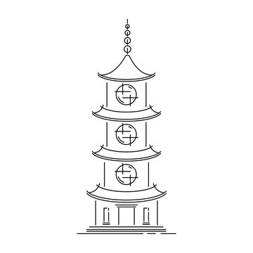 Japan landmark - temple, shrine, castle, pagoda, gate vector illustration simplified travel icon. Chinese, asian landscape traditional house. Line sketch. Realistic element for design, fabric print.