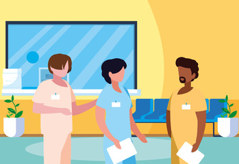 interracial group medicine workers in clinic reception