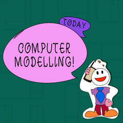 Handwriting text Computer Modelling. Conceptual photo using a computer to make a model of a plan or design Smiley Face Man in Necktie Holding Smartphone to his Head in Sticker Style