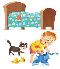 My day. Schedule. Cute little boy's day. Coloring book. Coloring page. Illustration for children. Cute and funny cartoon characters