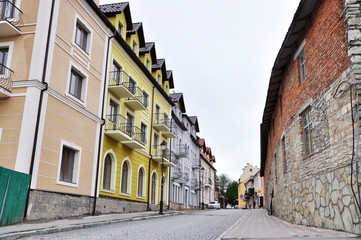 a series of closely spaced three-story buildings
