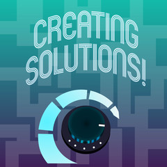 Obraz premium Text sign showing Creating Solutions. Business photo text Make ways to solve a problem or dealing with situation Volume Control Metal Knob with Marker Line and Colorful Loudness Indicator