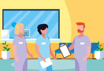 staff medicine workers in clinic reception