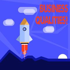 Word writing text Business Qualities. Business photo showcasing meeting the needs and expectations of customers Colorful Spacecraft Shuttle Rocketship Launching for New Business Startup