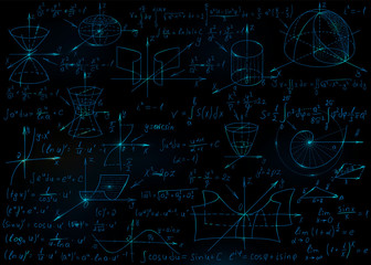 Mathematical formulas drawn by hand on the black chalkboard for the background. Vector illustration. - obrazy, fototapety, plakaty