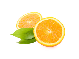 Ripe oranges with leaves isolated on white background. Citrus food