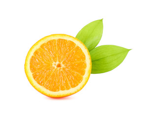 Half of ripe orange with leaves isolated on white background. Citrus food
