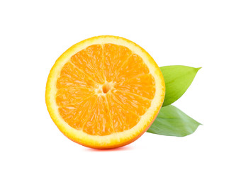 Half of ripe orange with leaves isolated on white background. Citrus food