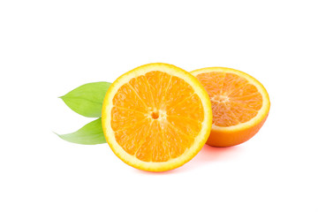 Orange halves with leaves isolated on white background. Citrus food