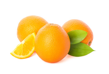 Ripe oranges with leaves isolated on white background. Citrus food