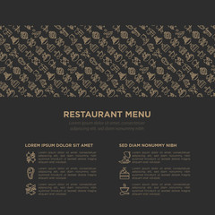 Restaurant menu concept with thin line icons: starters, chef dish, BBQ, soup, beef, steak, beverage, fish, salad, pizza, wine, seafood, burger. Modern vector illustration for print media, banner.