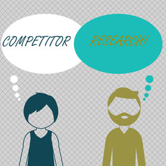 Conceptual hand writing showing Competitor Research. Concept meaning collection and review of information about rival firms Bearded Man and Woman with the Blank Colorful Thought Bubble