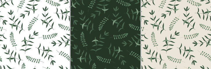 Vector set of seamless patterns with green leaves. Wild herbs, fern leaves