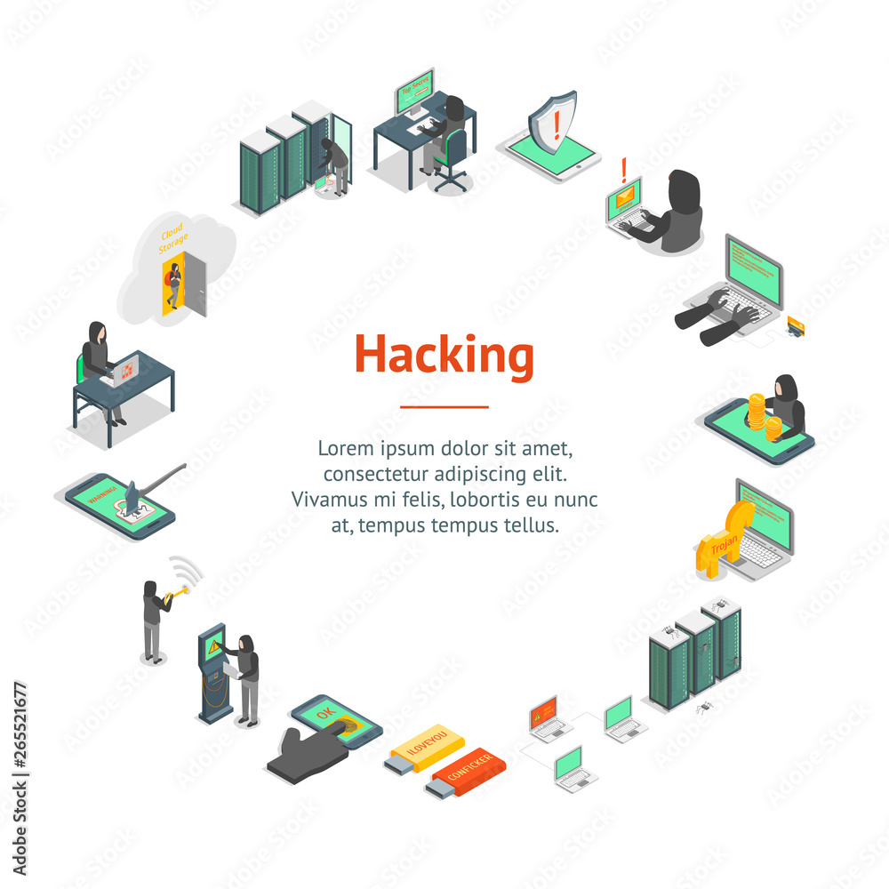 Poster hacker signs 3d banner card circle isometric view. vector