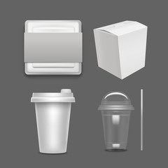Realistic Detailed 3d White Blank Fast Food Package Template Mockup Set. Vector