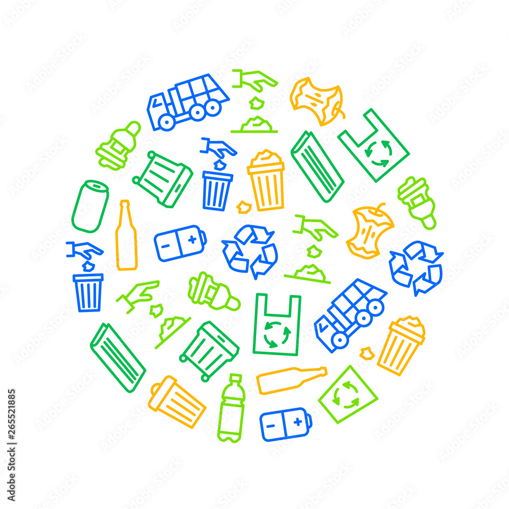 Aufkleber trash garbage related signs thin line round design template ad. vector