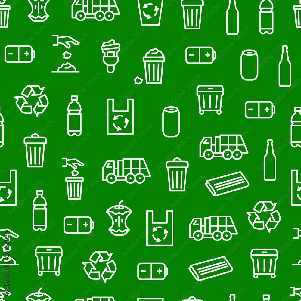 Poster trash garbage related signs thin line seamless pattern background. vector