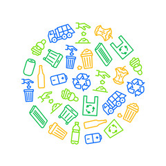 Trash Garbage Related Signs Thin Line Round Design Template Ad. Vector