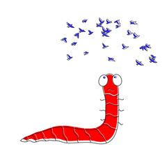 Worm looks flying birds. Worm cartoon illustration.