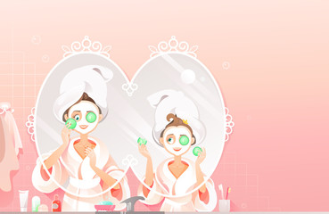 Yong Beautiful Mother with Towel on Head Applying Homemade Face Mask with Slices of Cucumber and Teaches her Daughter how to Take Skin Care at Home Using Natural Organic Products Vector  Illustration