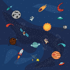 Space. Planets, satellites, astronauts, comets. Hand drawing. Vector illustration.