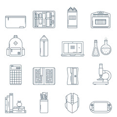 Collection of school supplies or stationery icons in flat line style. Back to school thin outline symbols: pen case, pencil box, backpack, laptop, books, sharpener, flask, microscope, calculator