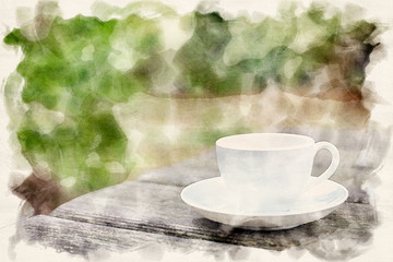cup on wooden table outdoors in watercolors