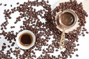 Brown coffee on a bilingual background