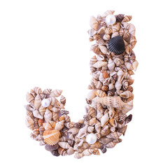 Letter J made of tiny seashells. Isolated.