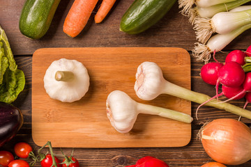 Garlic and other fresh vegetables and ingredients for cooking