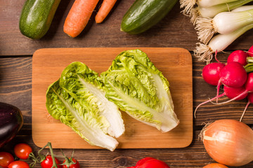 Lettuce and other fresh vegetables and ingredients for cooking