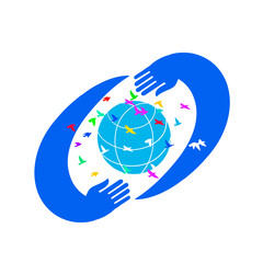 Save World logo design. Hands Holding Earth Globe with birds, Illustration.