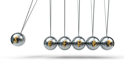 Newton's Cradle silver balls and golden currency symbols. 3d illustration