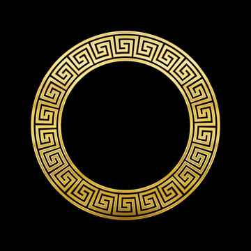 Meander circle, golden frame with seamless pattern design on black background. Golden Meandros, a decorative border, constructed from continuous lines, shaped into a repeated motif.