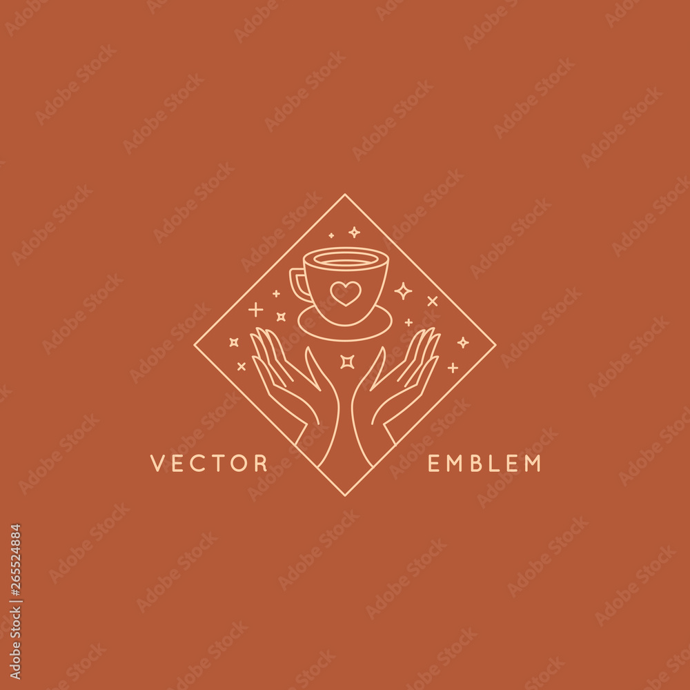 Poster Vector abstract logo design template in trendy linear minimal style - hands with coffee cup