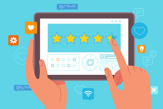 Vector illustration in flat simple style - customer service concept - hand making review using tablet pc