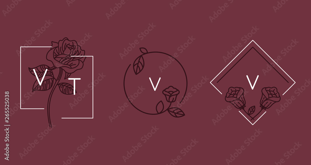 Poster vector abstract logo design templates in trendy linear minimal style - rose flowers