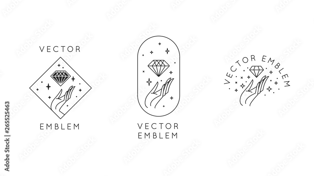 Poster Vector abstract logo design templates in trendy linear minimal style - hands with diamond and stars