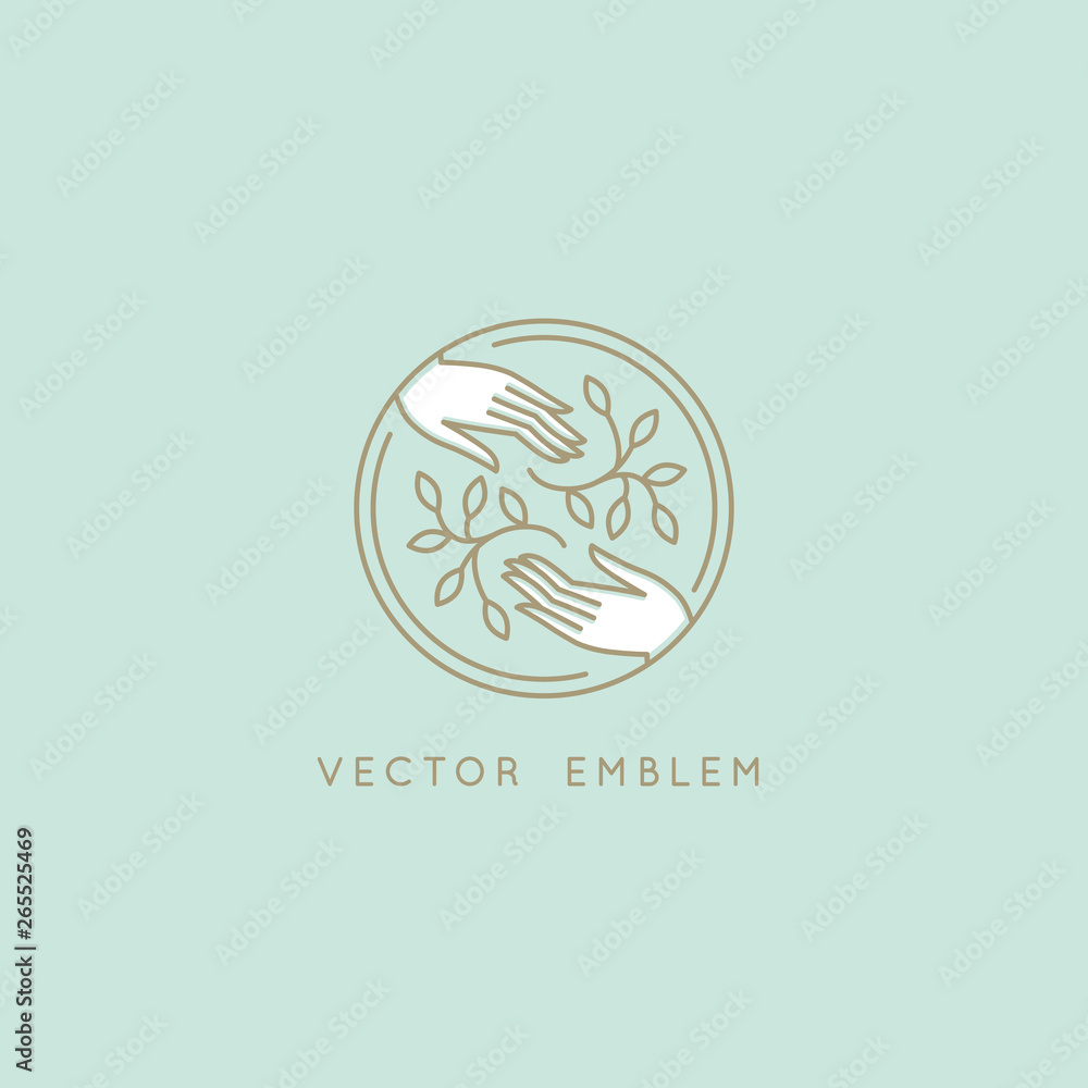 Aufkleber Vector abstract logo design template in trendy linear minimal style - hands with leaves