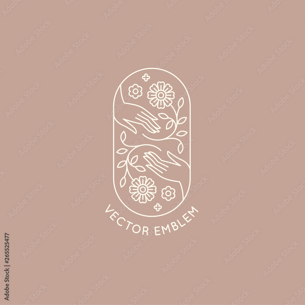 Poster Vector abstract logo design template in trendy linear minimal style - hands with flowers and leaves
