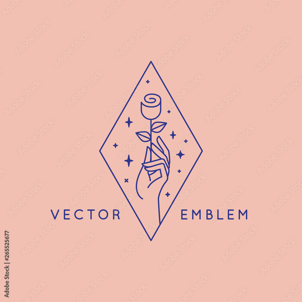 Poster Vector abstract logo design template in trendy linear minimal style - hand with flower