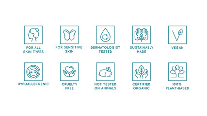 Vector set of design elements, logo design templates, icons and badges for natural and organic cosmetics in trendy linear style - cruelty free