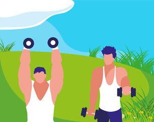 athletic men weight lifting in the camp